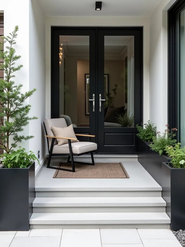Minimalist small porch with modern furniture and geometric planters