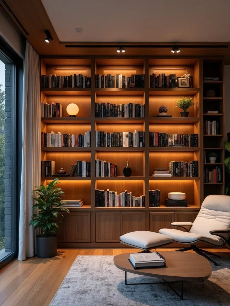 Modern bookshelf with LED, incandescent, and fluorescent track lighting