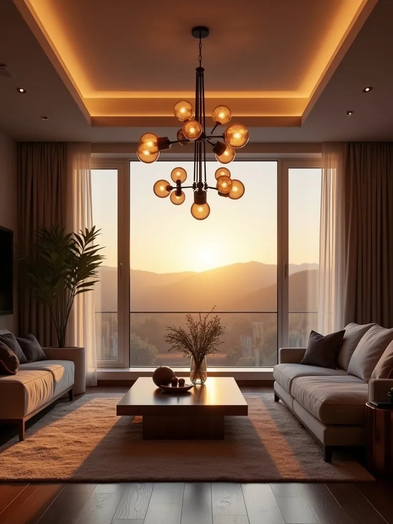 Modern chandelier with multiple bulb options in sunlit living room