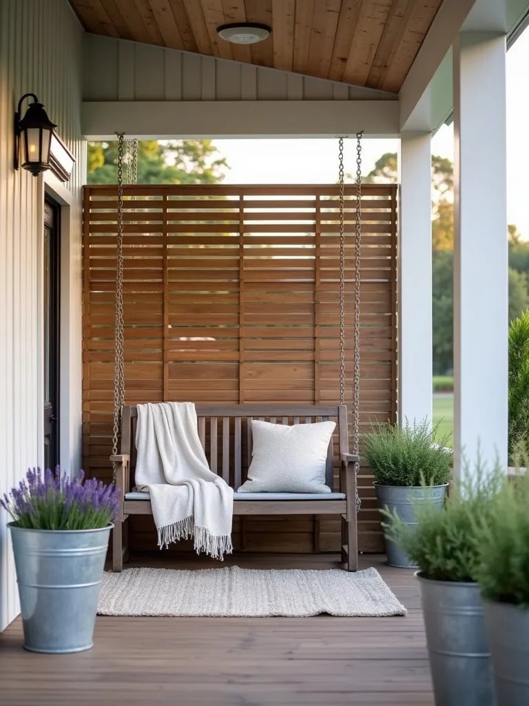 Modern farmhouse porch with wood privacy wall, swing, and lavender planters