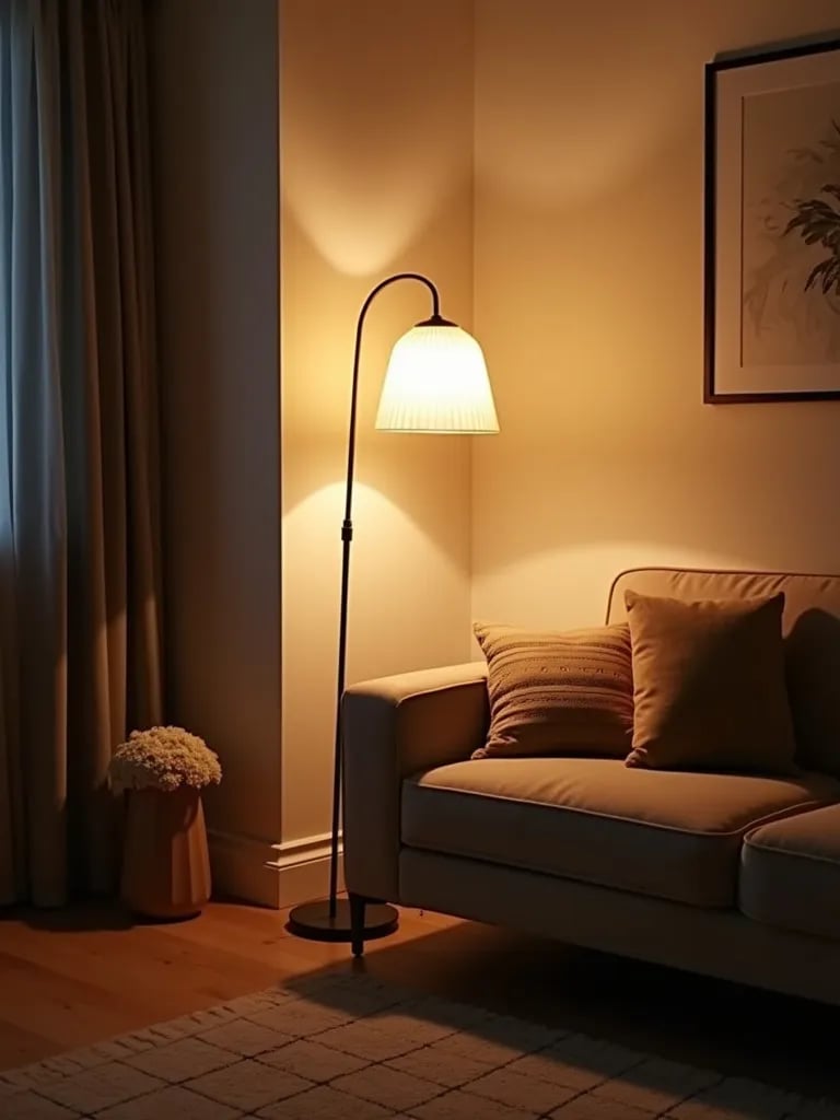 Modern floor lamp being installed near a cozy reading nook
