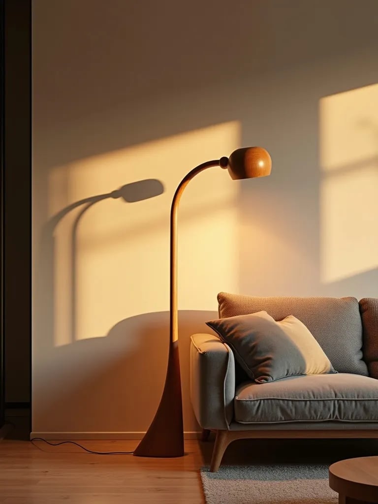 Modern living room featuring sculptural bent wood floor lamp during golden hour