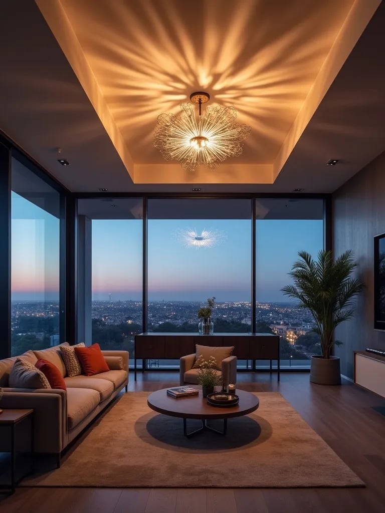 Modern living room featuring unique ceiling light with city view at dusk