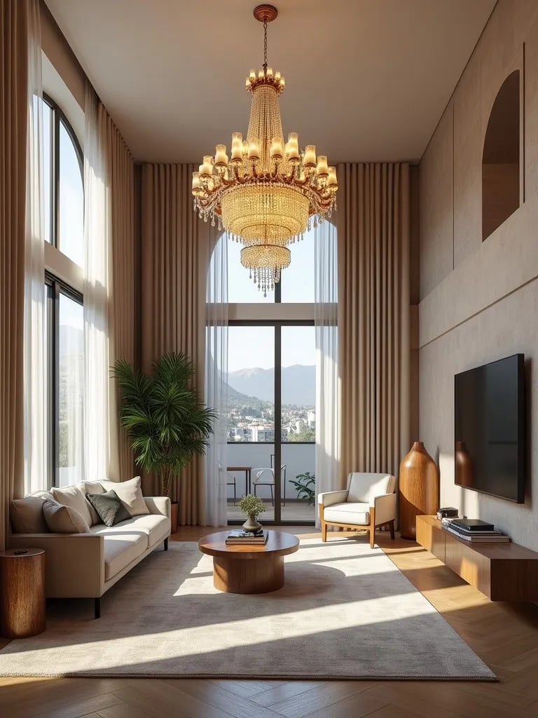 Modern living room illuminated by grand chandelier