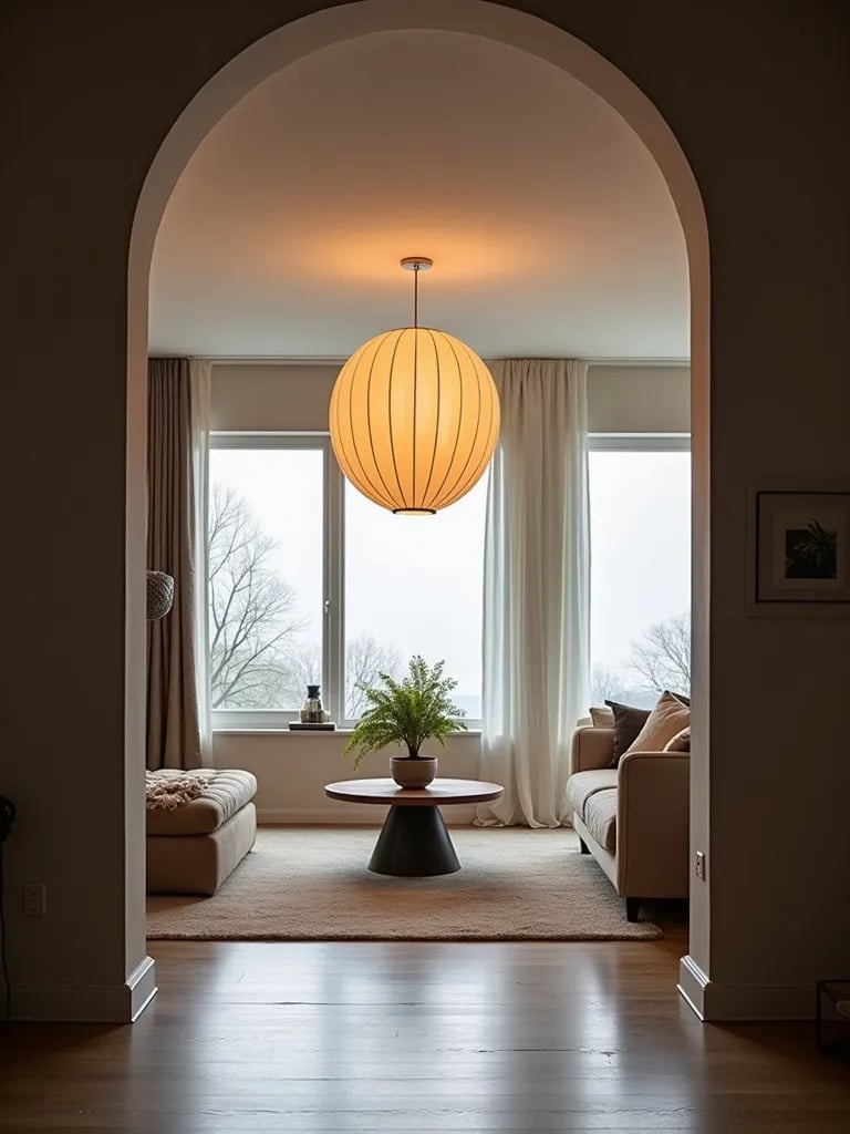 Modern living room with dramatic paper lantern pendant light over coffee table