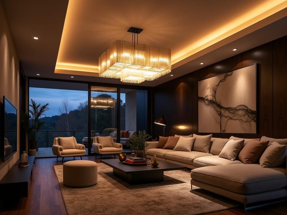 Modern living room with large chandelier casting warm light