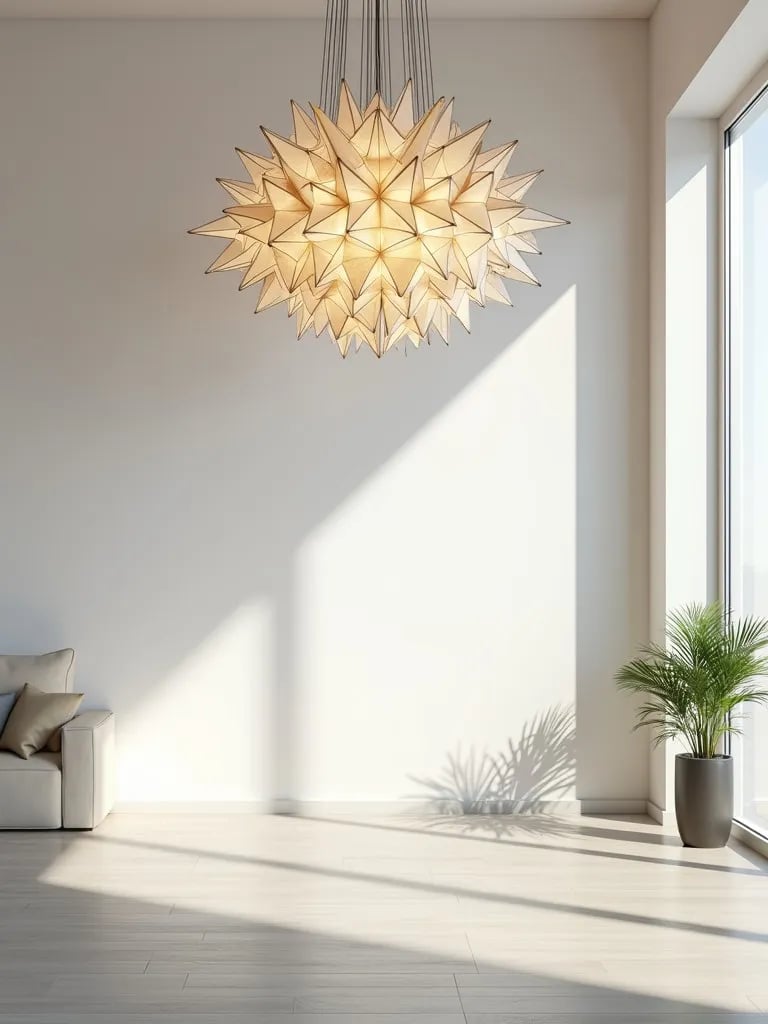 Modern living room with large geometric chandelier casting shadows