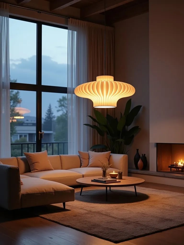 Modern living room with large sculptural pendant light casting shadows