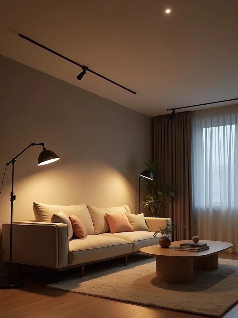 Modern living room with mixed light temperatures from various fixtures