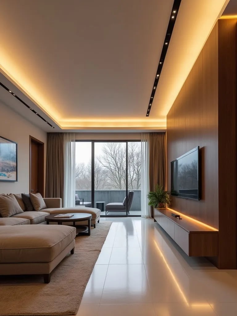Modern living room with sleek recessed lighting along ceiling edges