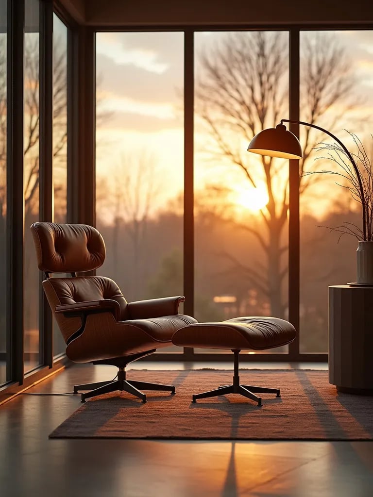 Modern living space featuring iconic curved floor lamp and leather chair