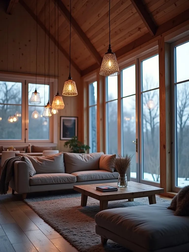 Modern living space with suspended geometric lights resembling stars