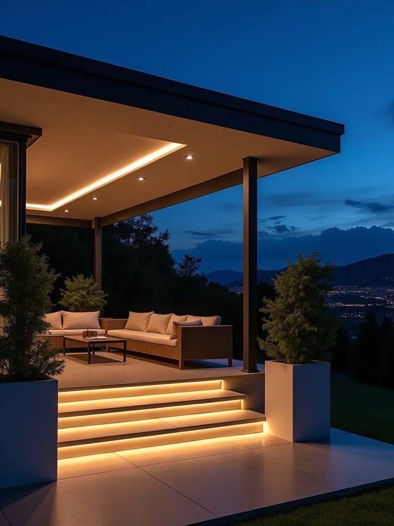Modern porch with LED strip lighting and minimalist furniture