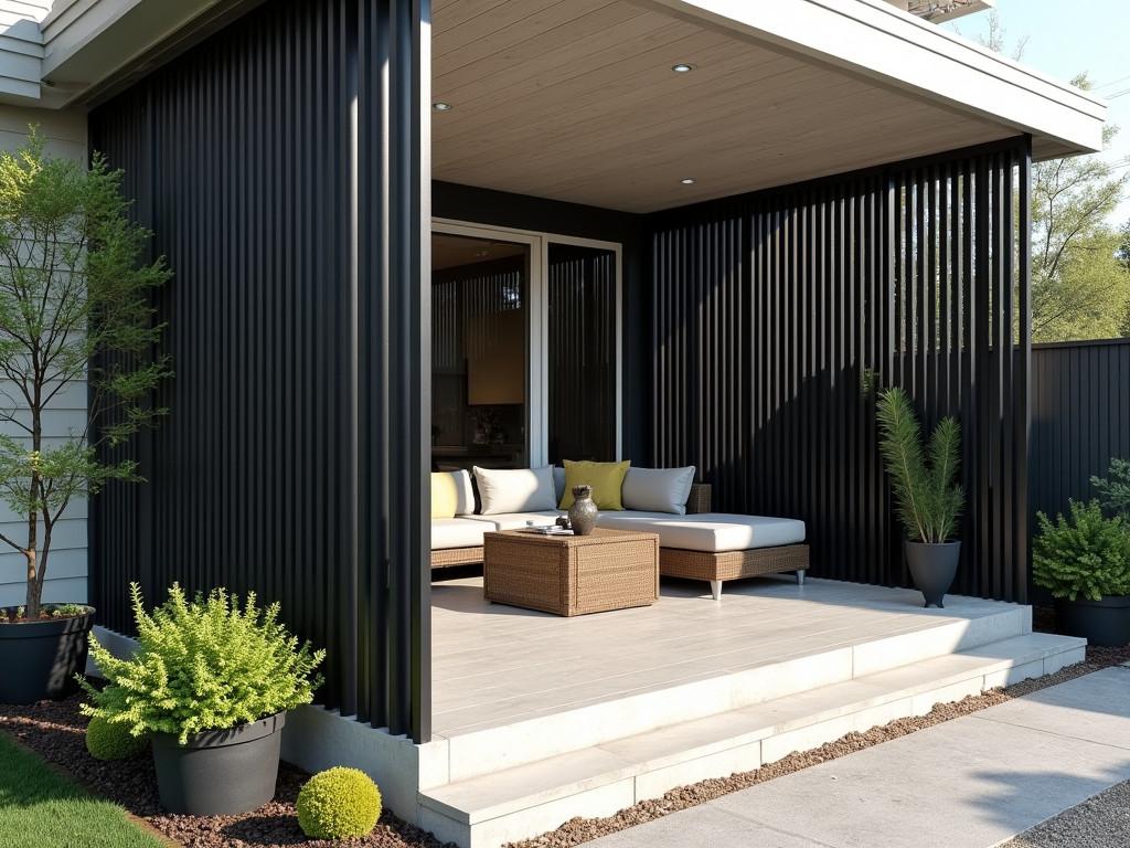 Modern porch with black vertical slat screens and seating area in daylight