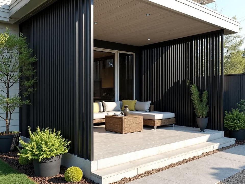 Modern porch with black vertical slat screens and seating area in daylight