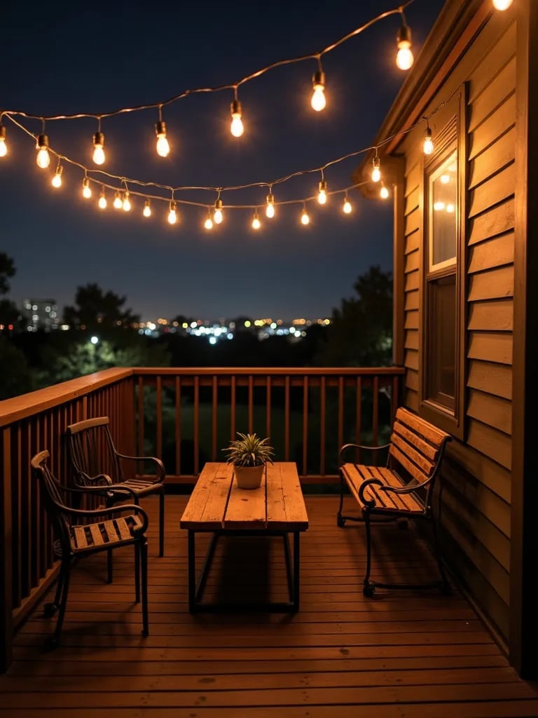 Modern porch with industrial decor and city backdrop at night