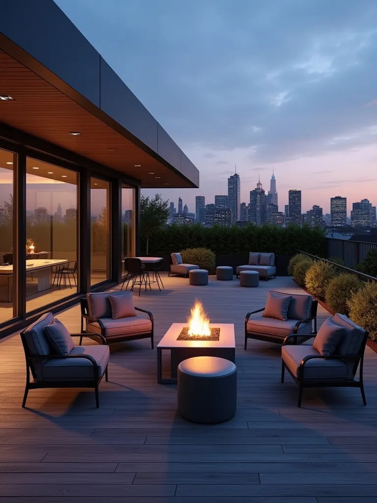 Modern porch with modular furniture and fire pit overlooking city skyline