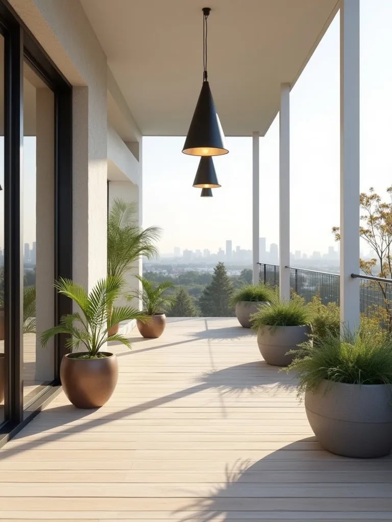Modern porch with pendant lights, wood deck, and city skyline view