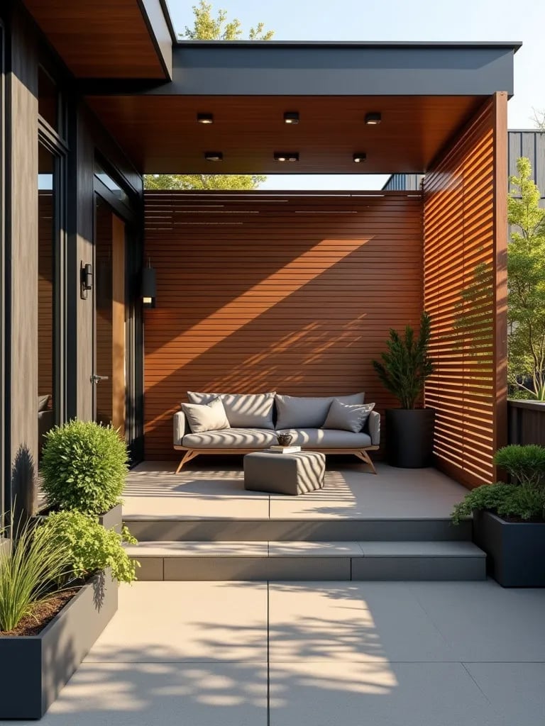 Modern porch with slatted wooden screens, contemporary furniture, and geometric planters