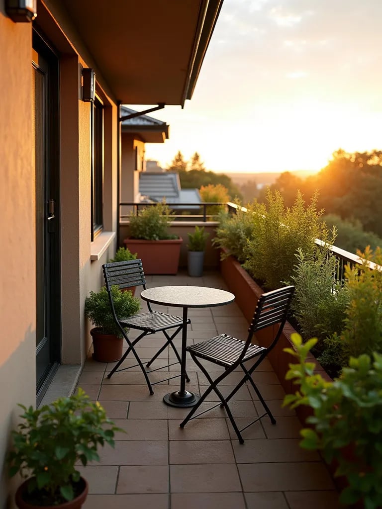 Narrow porch with vertical herb garden and fold down table
