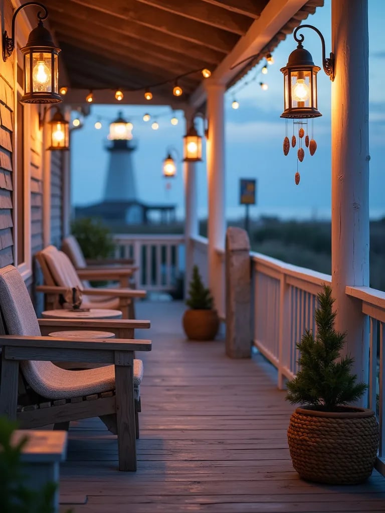 Nautical themed porch with lanterns and weathered wood furniture