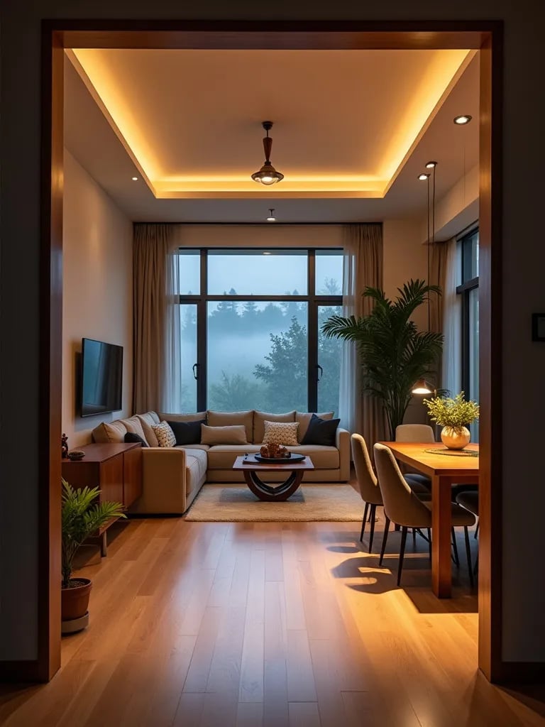 Open concept living room with mixed LED, incandescent, and fluorescent lighting