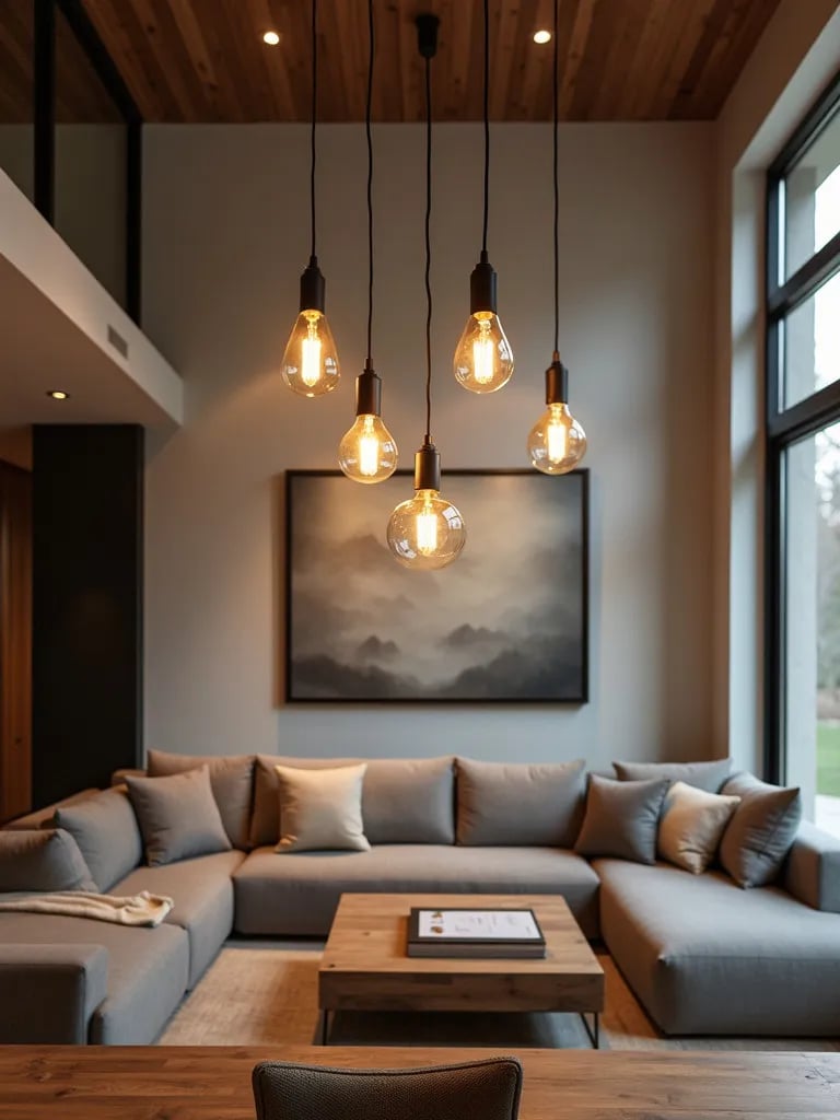 Open living area with cluster of pendant lights over seating arrangement