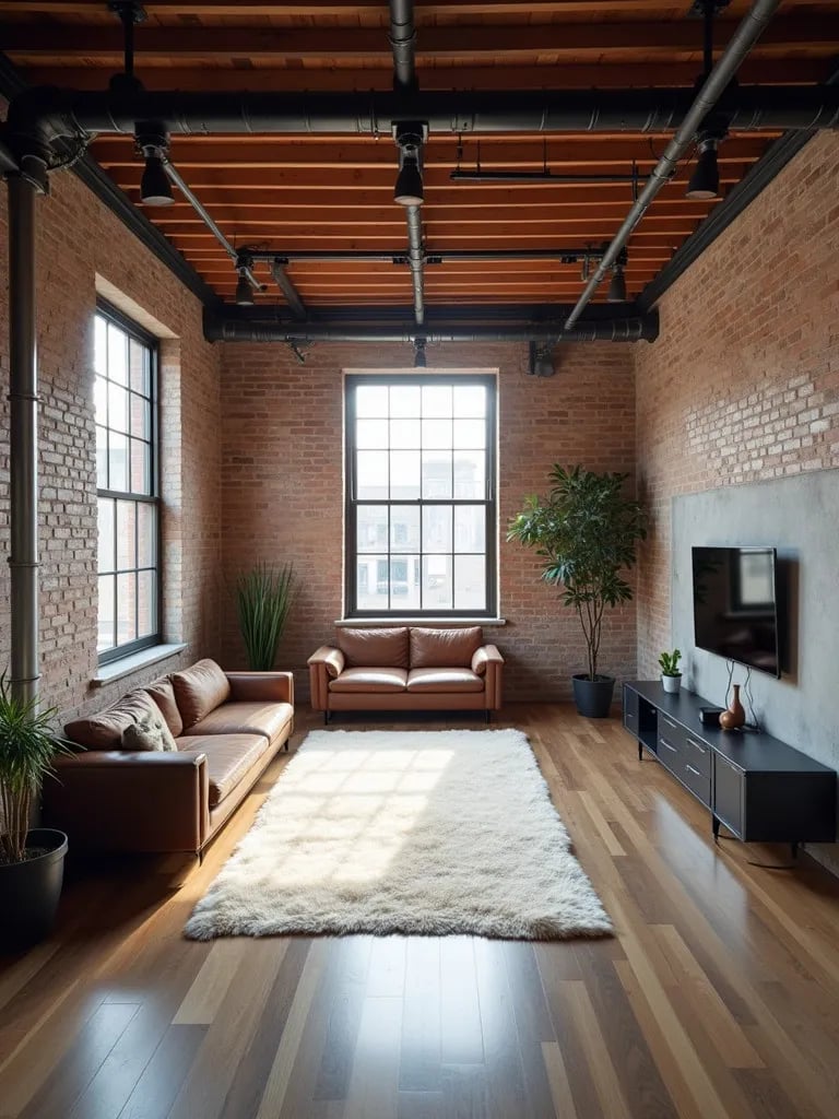 Overhead perspective of industrial living room during track lighting installation