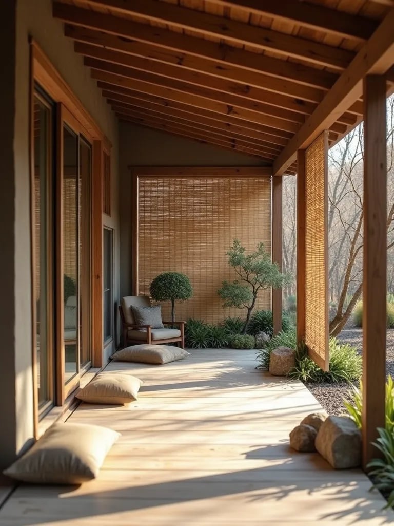 Peaceful porch featuring bamboo screens, zen garden, and meditation space