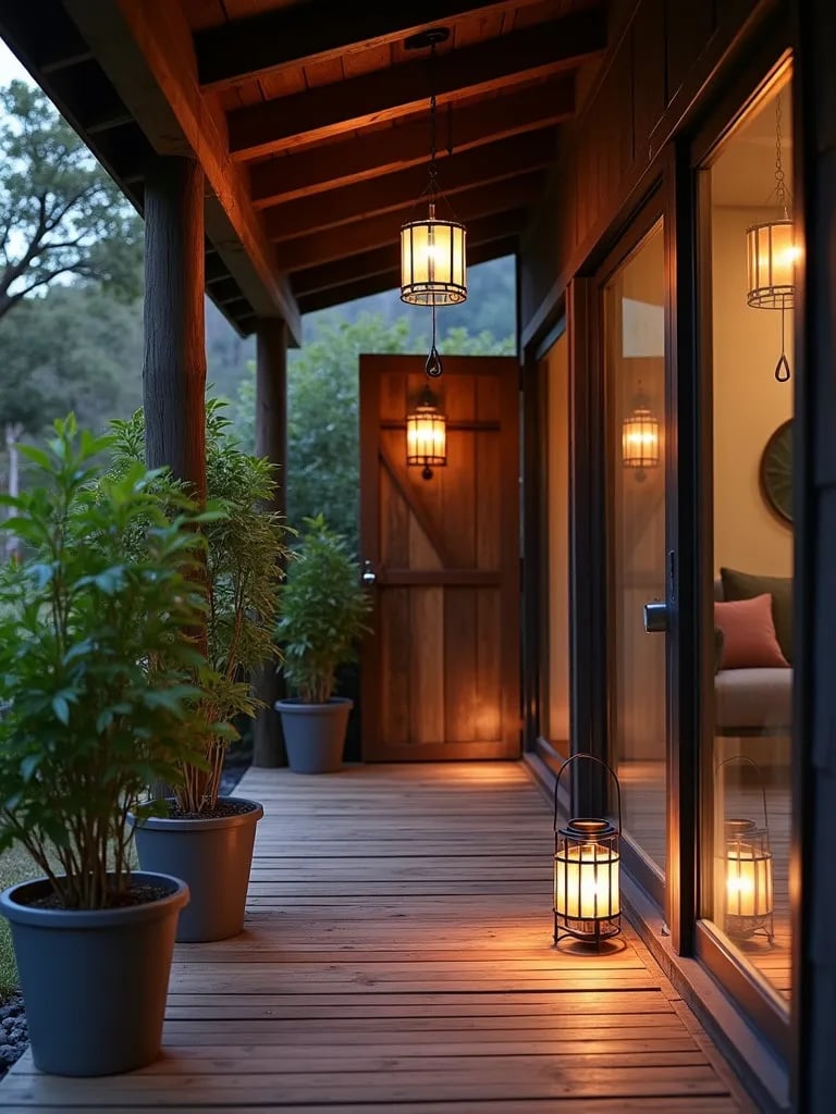 Peaceful porch with Asian inspired decor elements and soft evening lighting
