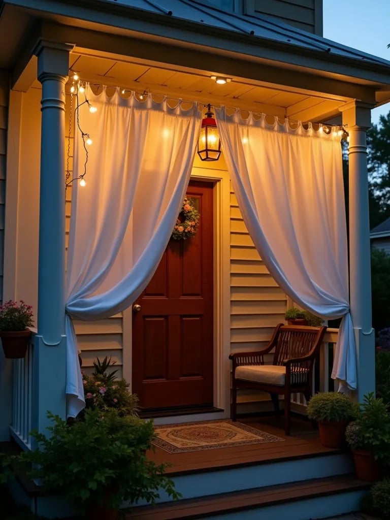 Porch with privacy curtains, twinkling lights, and plants in evening light