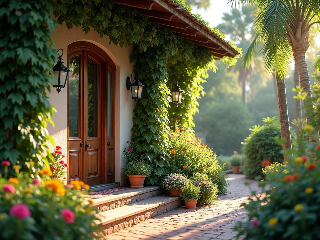 Porch with vibrant vertical garden wall in morning light