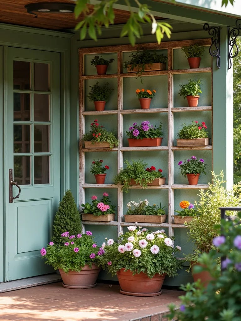 Quaint porch featuring vertical garden made of repurposed window frames with diverse plants