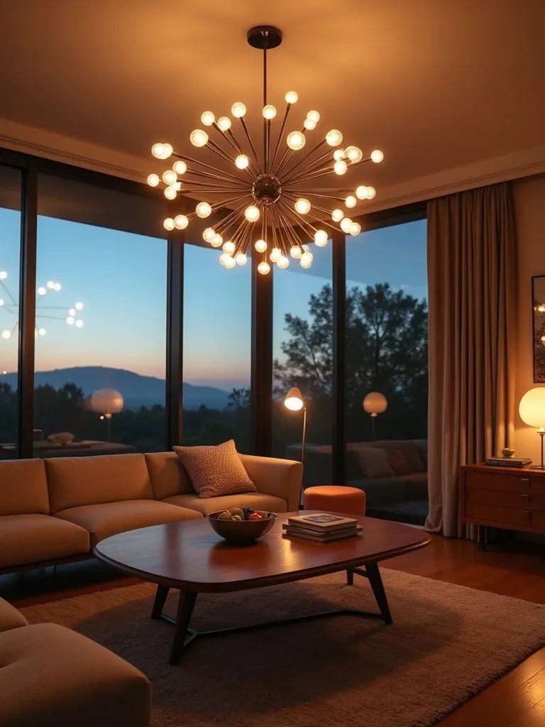 Retro inspired room with extending arms of sputnik chandelier at dusk