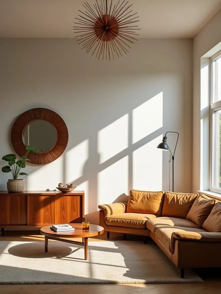 Retro living space featuring large Sputnik light and sunburst mirror