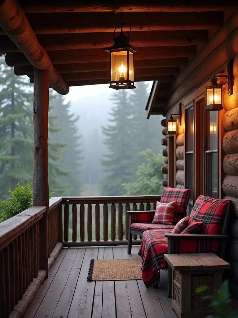 Rustic cabin porch with hanging lanterns and forest view