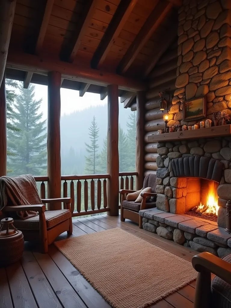 Rustic cabin porch with log furniture and stone fireplace in misty morning