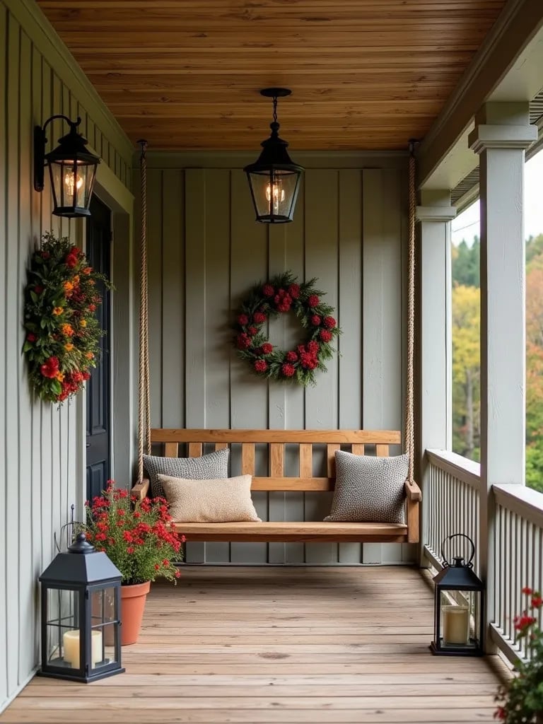 Rustic farmhouse porch with wooden swing, lanterns, and seasonal wreaths