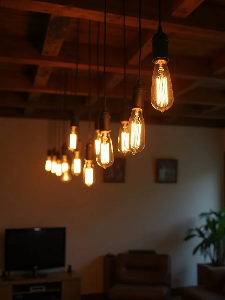 Rustic living room with hanging Edison bulbs and wooden beams