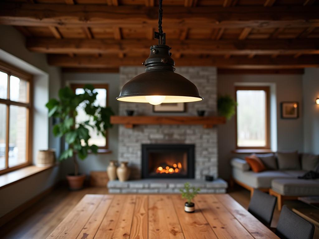 Rustic living room with industrial pendant light hanging from wooden beams