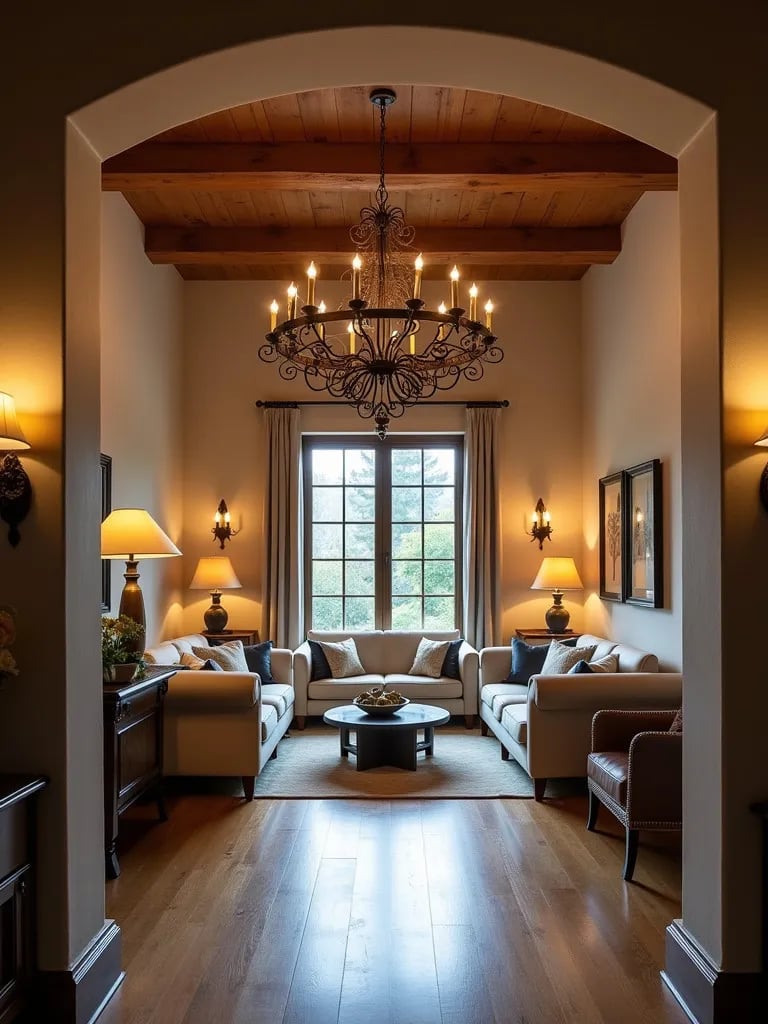 Rustic living room with iron chandelier, vintage lamps, and candle sconces