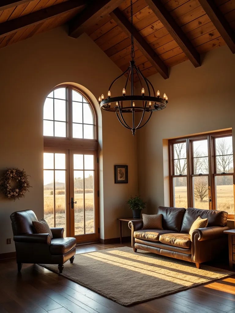 Rustic living room with wagon wheel chandelier being installed on wooden beams