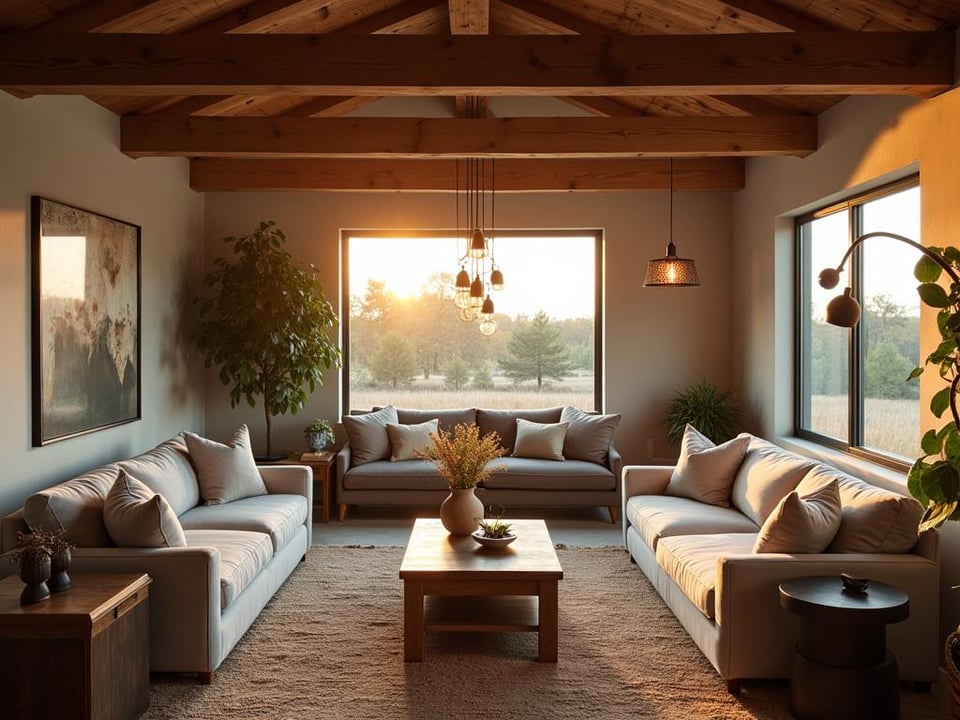 Rustic living room with wooden beams and multiple hanging lights