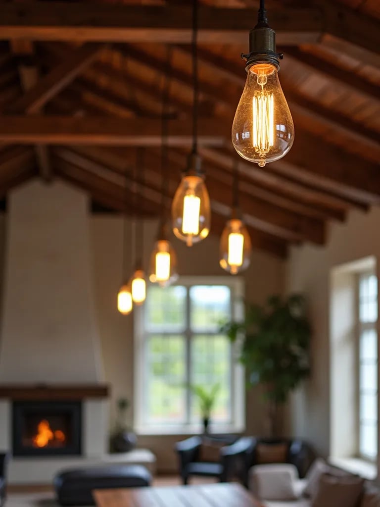 Rustic living room with wooden beams and multiple hanging pendant lights