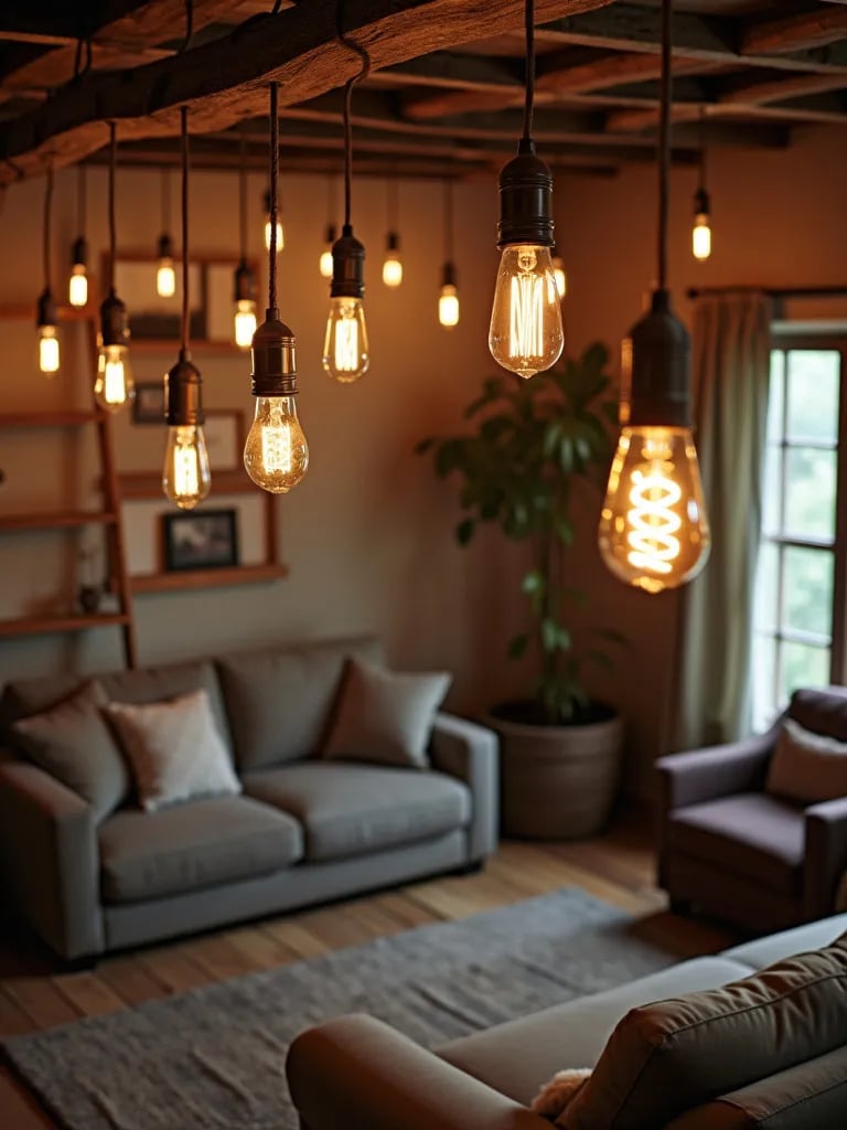 Rustic living room with wooden ladder light fixture and Edison bulbs above seating area
