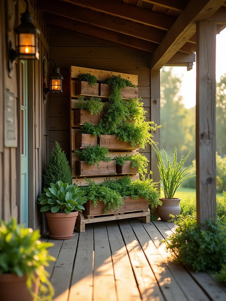 Rustic porch with pallet vertical garden filled with herbs and succulents
