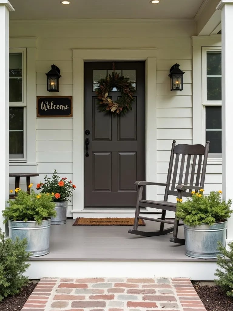 Rustic porch with wooden chair and farmhouse style decorations