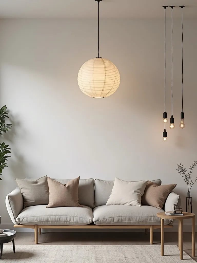 Scandinavian living room with paper lantern and minimalist lighting