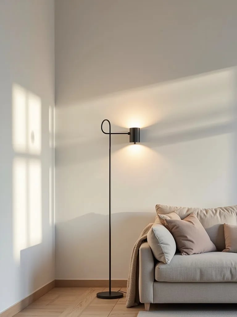 Scandinavian living room with wall sconces and minimalist floor lamp