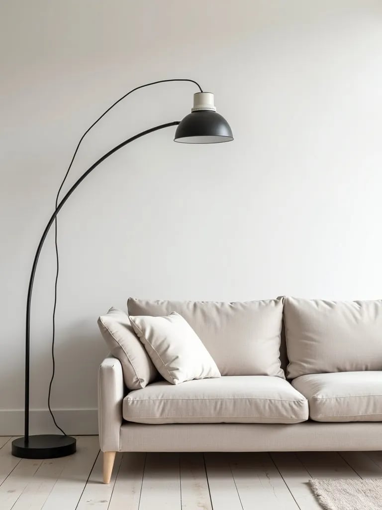 Scandinavian style living area featuring prominent arc lamp